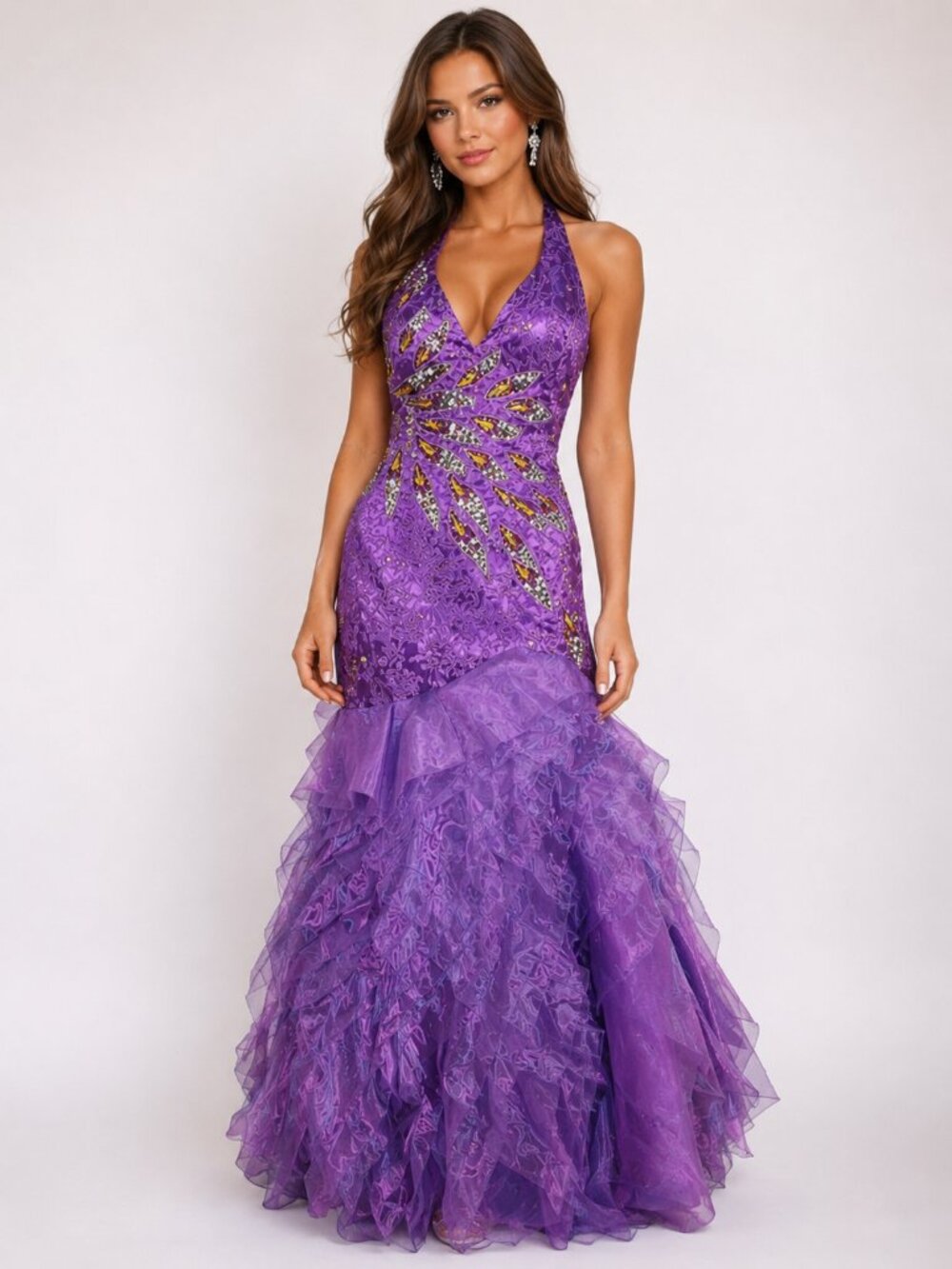 Vintage Y2k 90s ASPEED Halter Plunge Beaded Lace Back Ruffle Maxi Gown